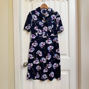 VTG Handmade 90’s French Blue and Purple Floral Collared Dress Fits like a Large